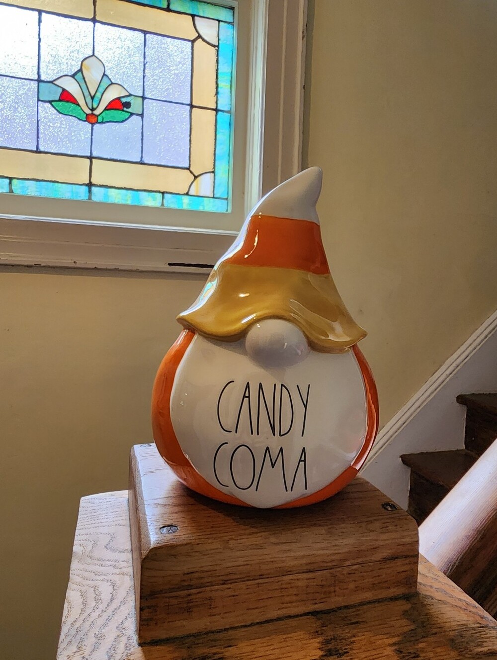 NIB-Rae Dunn "Candy Coma" Ceramic Halloween Candy Corn Hat Gnome 8" Orange
